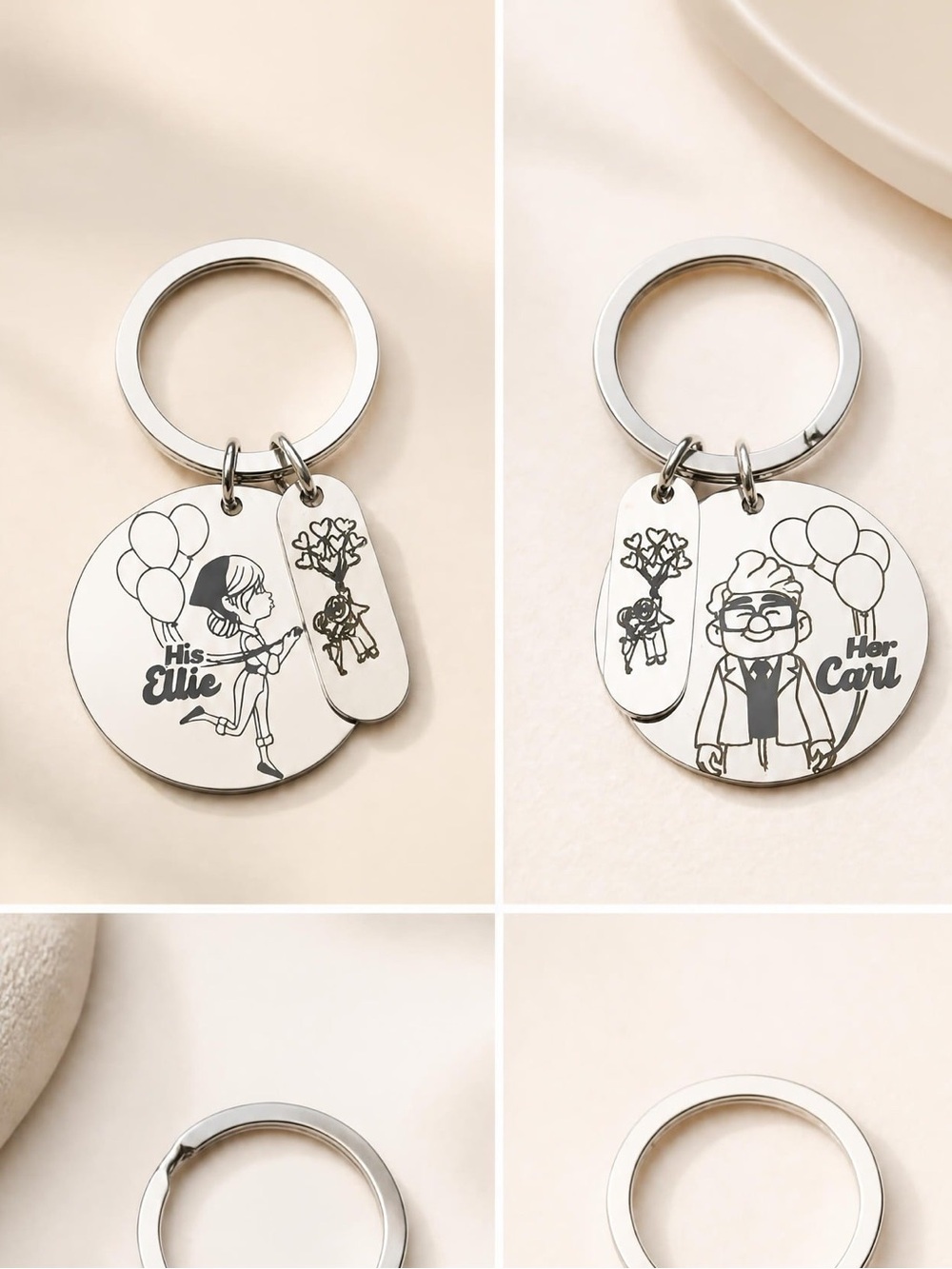 Personalized Silver keychain - His & Her Ellie/Carl Engraved